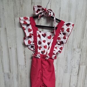 💝 Heart Print Ruffled Jumpsuit with Headband